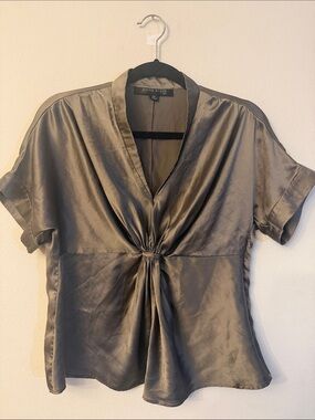 Anne Klein Olive Satin Twist-Front Short Sleeve Blouse Silk 325
